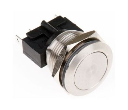 Picture of PUSH BUTTON SWITCH SPST RND SILVER V/PROOF 5A 250V 20mm