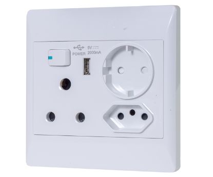 Picture of 4x4  MULTI MAINS 16A WALL SOCKET SHUKO, EURO & USB WHITE