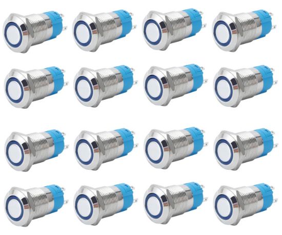 Picture of PUSH BUTTON SWITCH 1xNO/NC SPDT 5A 12V M19 D=22 L=35 LATCHING BLUE - 40/BOX
