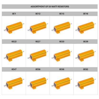Picture of ASSORTMENT OF 12 VALUES OF 50W ALU CLAD RESISTORS 0E1 TO 0E82