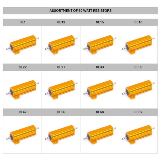 Picture of ASSORTMENT OF 12 VALUES OF 50W ALU CLAD RESISTORS 0E1 TO 0E82