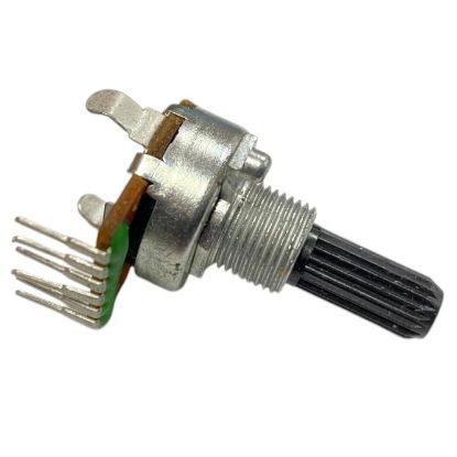 Picture of POTENTIOMETR S/T LIN DUAL 16.6mm 50K PCB 20mm PLASTIC SHAFT 7P