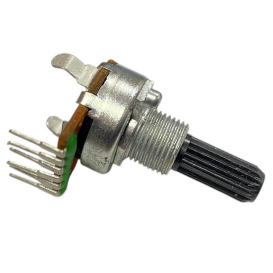 Picture of POTENTIOMETR S/T LIN DUAL 16.6mm 50K PCB 20mm PLASTIC SHAFT 7P